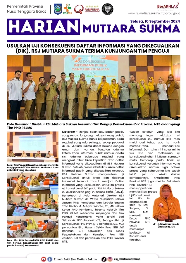 USULKAN UJI KONSEKUENSI DAFTAR INFORMASI YANG DIKECUALIKAN ( DIK ),RSJ MUTIARA SUKMA TERIMA KUNJUNGAN TIM PENGUJI